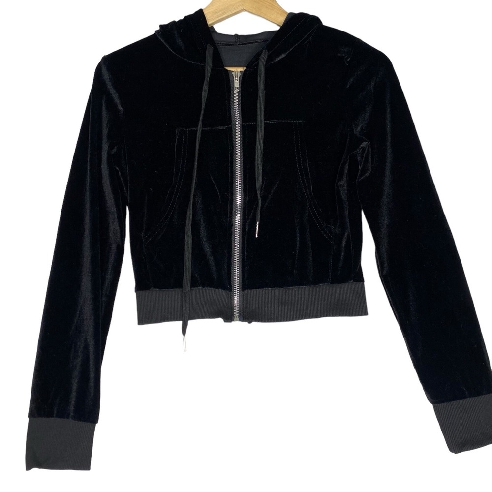 Velour Zip Up Crop Hoodie Womens XS Gothic Witchy‎ Velvety Y2K Casual Loungewear
